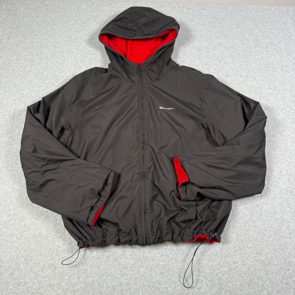 Vintage Champion Mens Reversible Hooded Jacket Black Windbreaker Fleece XL